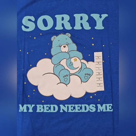 Care Bears Royal Blue 'Sorry My Bed Needs Me' Men's Medium Graphic Tee, New - Picture 2 of 3